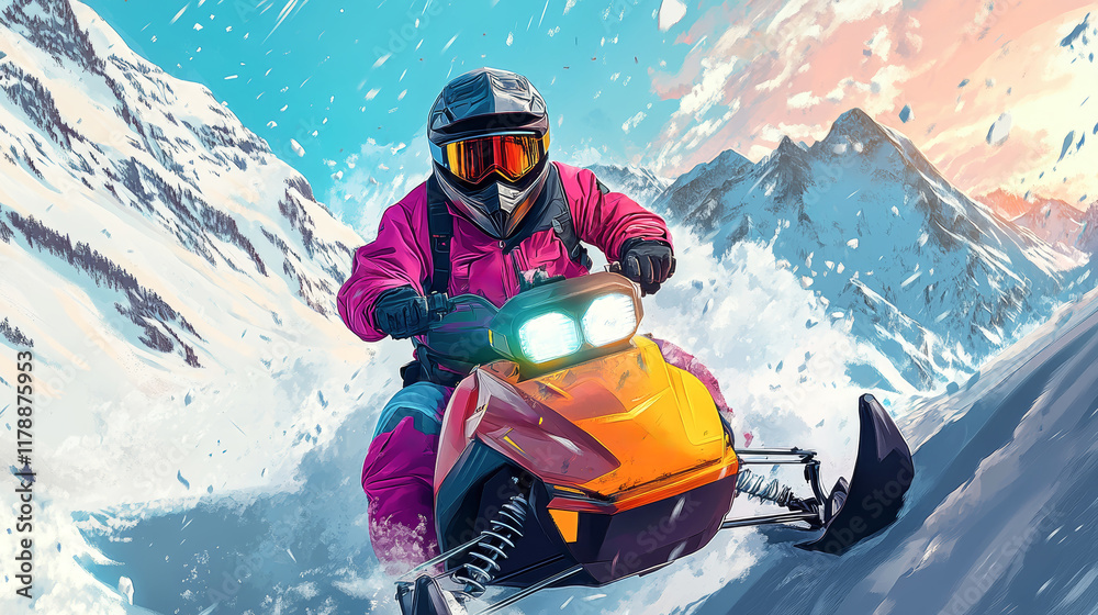 Snowmobile rider navigating pristine snowy mountains cloaked in vibrant gear during a breathtaking winter adventure Snowmobile rider navigating pristine snowy mountains cloaked in vibrant gear during a breathtaking winter adventure