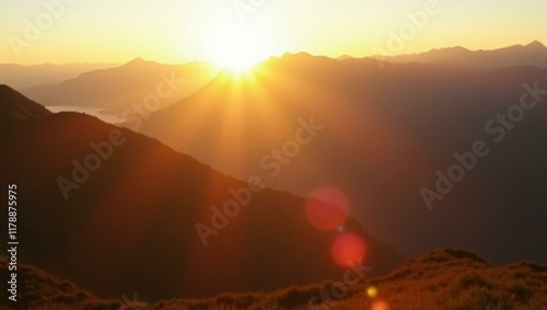 Sun’s rays peeking over mountain tops casting golden glow on happy faces, Professional stock photo, AI generated photograph photo