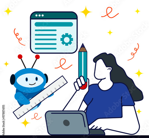 Woman using laptop to business development with helping for AI robot. Artificial intelligence application. Cartoon flat vector illustration. 