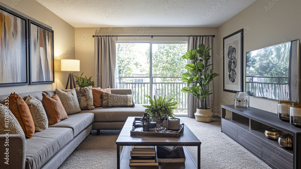 Fototapeta premium Modern living room with cozy decor and natural light