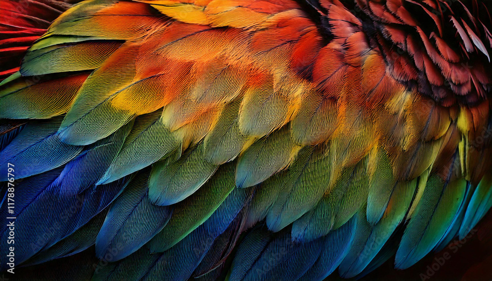 Obraz premium The feathers range from deep reds and oranges to vibrant greens and blues, creating a mesmerizing pattern.
