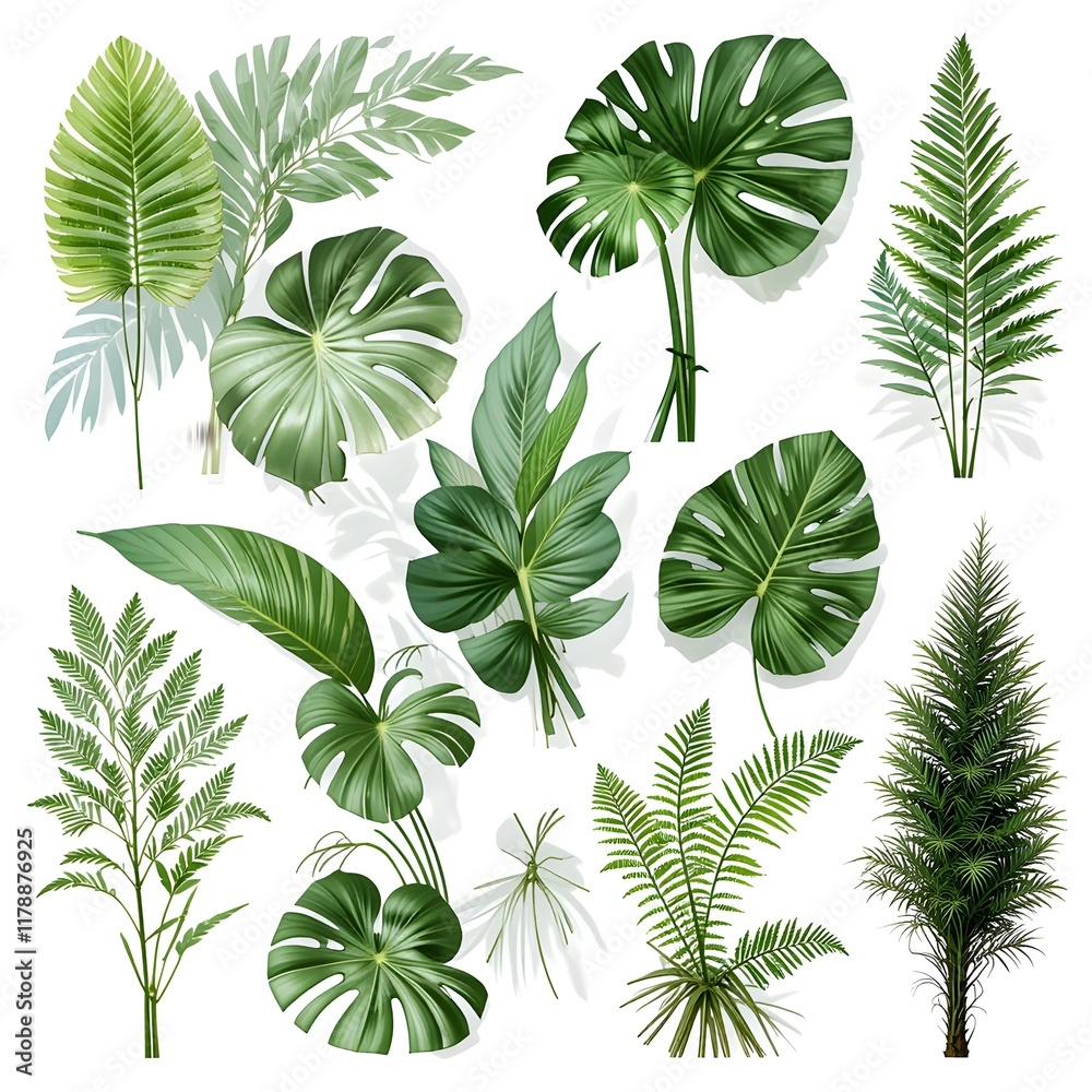 Single Collection of Green Tropical Plant Leaves ( Monstera, Palm, Rubber Plant, Pine, Bird's Nest Fern) Isolated on White Background with Cutout Path Single Collection of Green Tropical Plant Leaves ( Monstera, Palm, Rubber Plant, Pine, Bird's Nest Fern) Isolated on White Background with Cutout Path