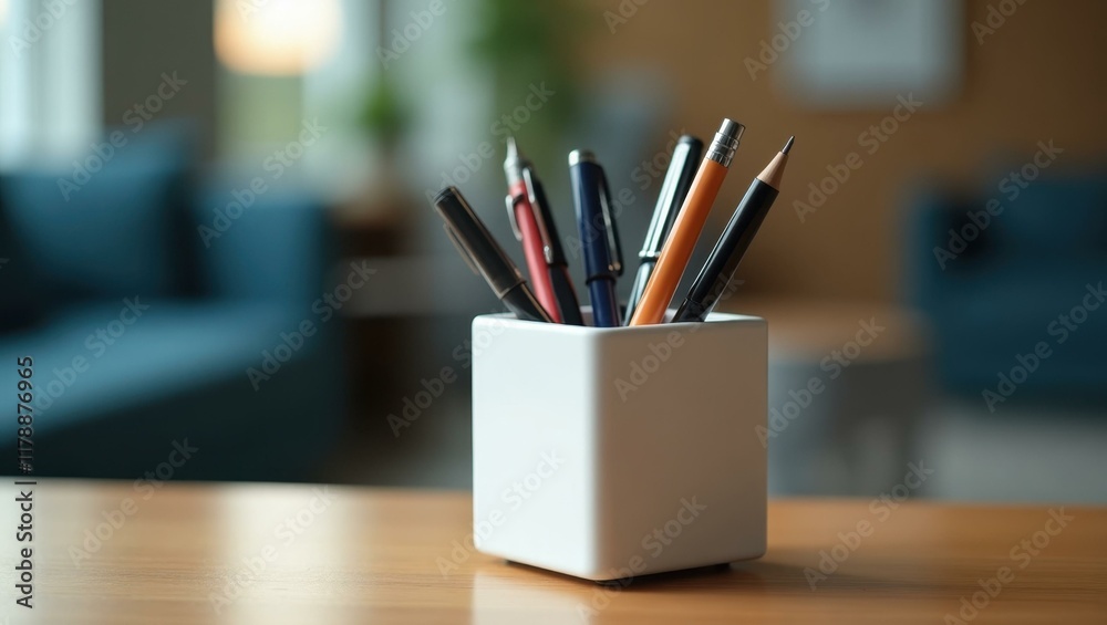 Simple modern pen holder containing high-quality writing instruments , Professional stock photo, AI generated photograph Simple modern pen holder containing high-quality writing instruments , Professional stock photo, AI generated photograph