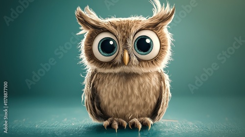 Cartoon owl with wide eyes and soft feathers, sitting peacefully on a muted teal background. photo