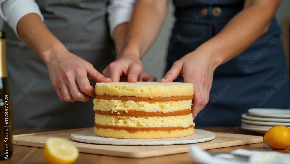 Two women with painted nails assembling layered vanilla sponge cake with cream frosting for birthday celebration in cozy kitchen with warm lighting and fresh citrus fruits on wooden table Two women with painted nails assembling layered vanilla sponge cake with cream frosting for birthday celebration in cozy kitchen with warm lighting and fresh citrus fruits on wooden table