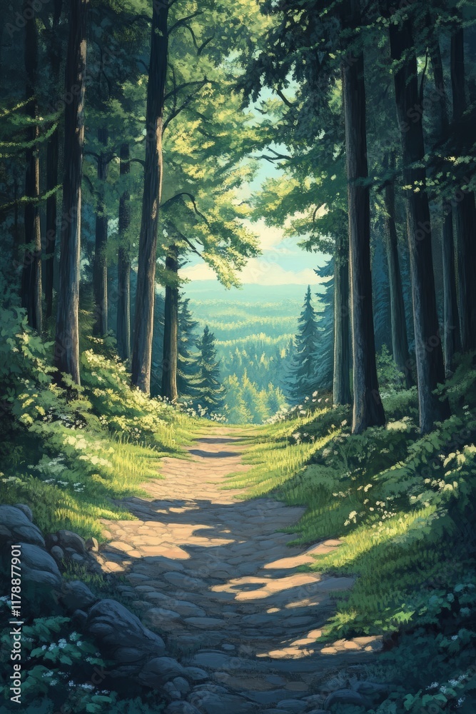 Obraz premium Sunlit forest path surrounded by tall trees, leading to a distant mountain view. Perfect for nature and tranquility themes.