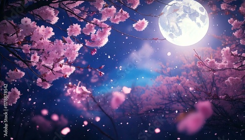 満月の月明かりに照らされ、花びらが舞い散る満開の夜桜のイラスト