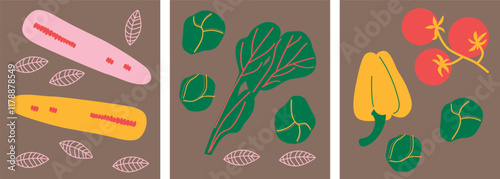 Abstract appetizing Vegetables collection. Decorative abstract horizontal banner with colorful doodles. Hand-drawn modern illustrations with Vegetables, abstract elements. Cucumber, peas, pepper.	

