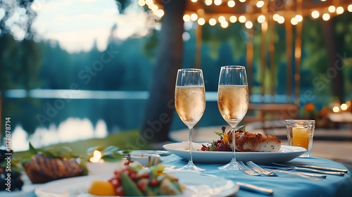 Romantic and Cozy Outdoor Dinner Party Setting Under Twinkling Lights with Soft Dreamy Fairytale like Atmosphere and Ambiance for a or Special Occasion photo