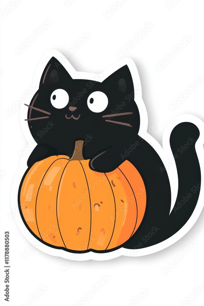 Adorable black cat with wide eyes sitting on a bright orange pumpkin. Perfect for Halloween decorations, crafts, and seasonal celebrations. Adorable black cat with wide eyes sitting on a bright orange pumpkin. Perfect for Halloween decorations, crafts, and seasonal celebrations.