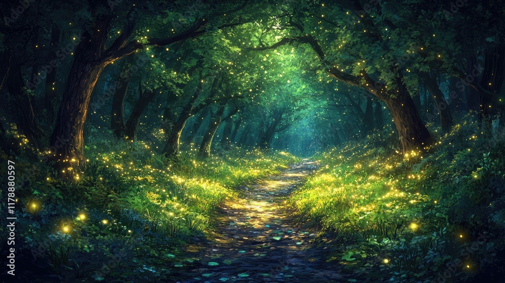 Fototapeta premium Magical Firefly Path, Enchanting Forest, Night, Fantasy Background, Game Design.