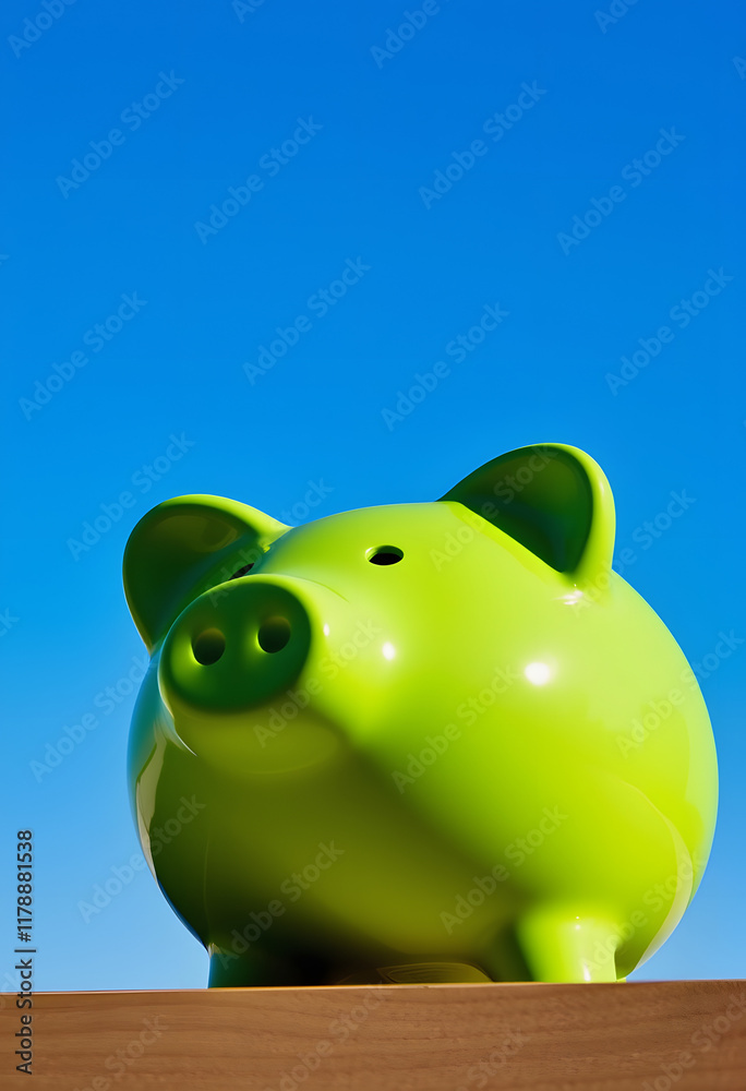 Green piggy bank against blue sky background savings, accounting, banking and business account or sustainable and environmentally friendly finance, angled photoshot, with white tones Green piggy bank against blue sky background savings, accounting, banking and business account or sustainable and environmentally friendly finance, angled photoshot, with white tones