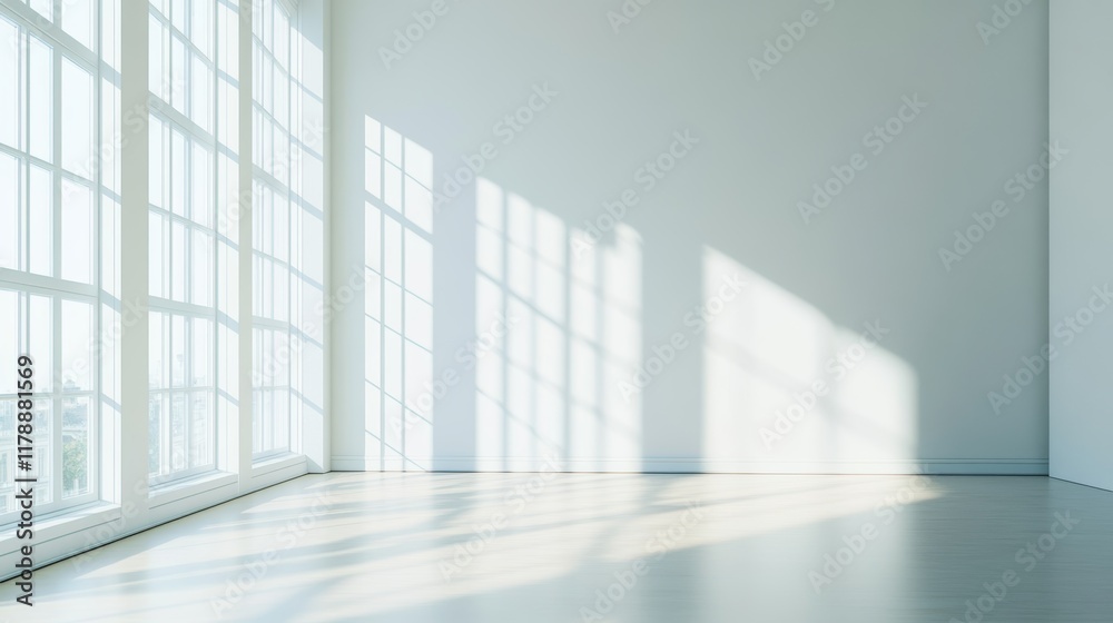 Fototapeta premium Bright and spacious interior showcasing large windows that let in natural light. The minimalist design creates a tranquil atmosphere, perfect for creating a serene environment.