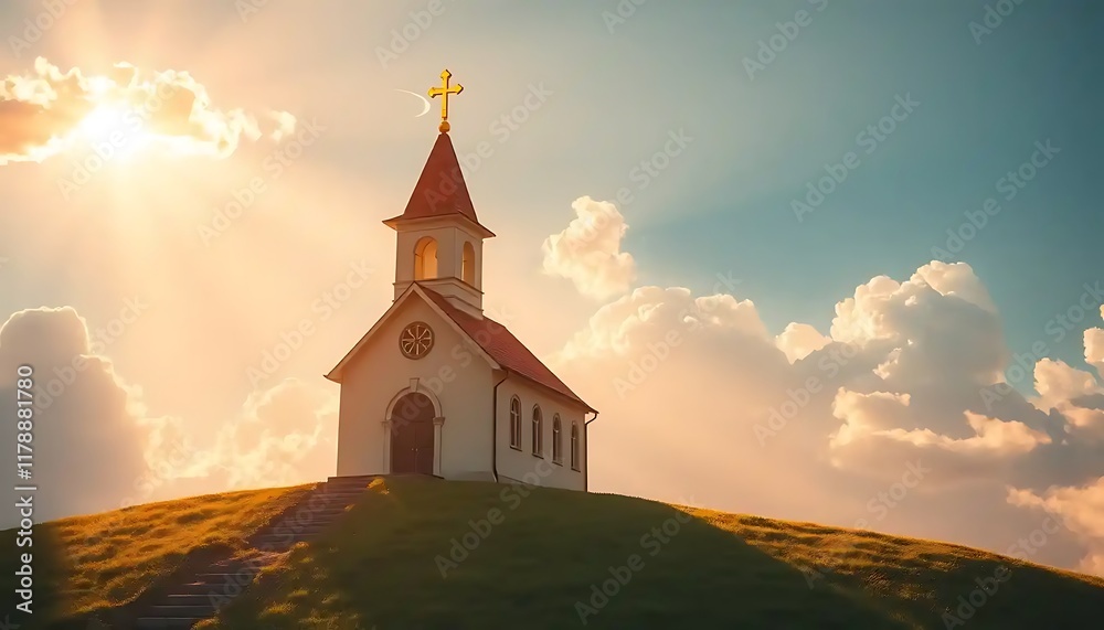 Fototapeta premium Small Church Atop Hill Under Sunset Sky