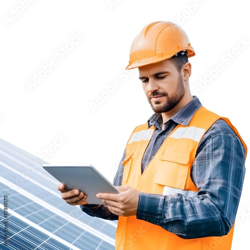 A man in an orange safety vest is looking at a tablet