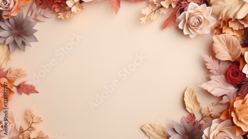 Elegant Autumn Frame Composition with Fresh Flowers and Leaves in Warm Tones for Creative Projects and Seasonal Decor