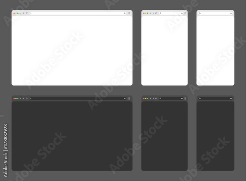 Web browser, internet browser search engine. Search bar for ui ux design and web site. set of realistic empty browser windows in white, gray and black