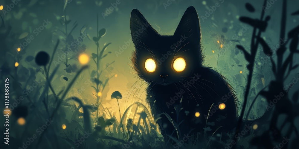 A captivating black cat with glowing yellow eyes sits in a mystical forest, surrounded by soft, illuminated flora, creating an enchanting atmosphere. A captivating black cat with glowing yellow eyes sits in a mystical forest, surrounded by soft, illuminated flora, creating an enchanting atmosphere.