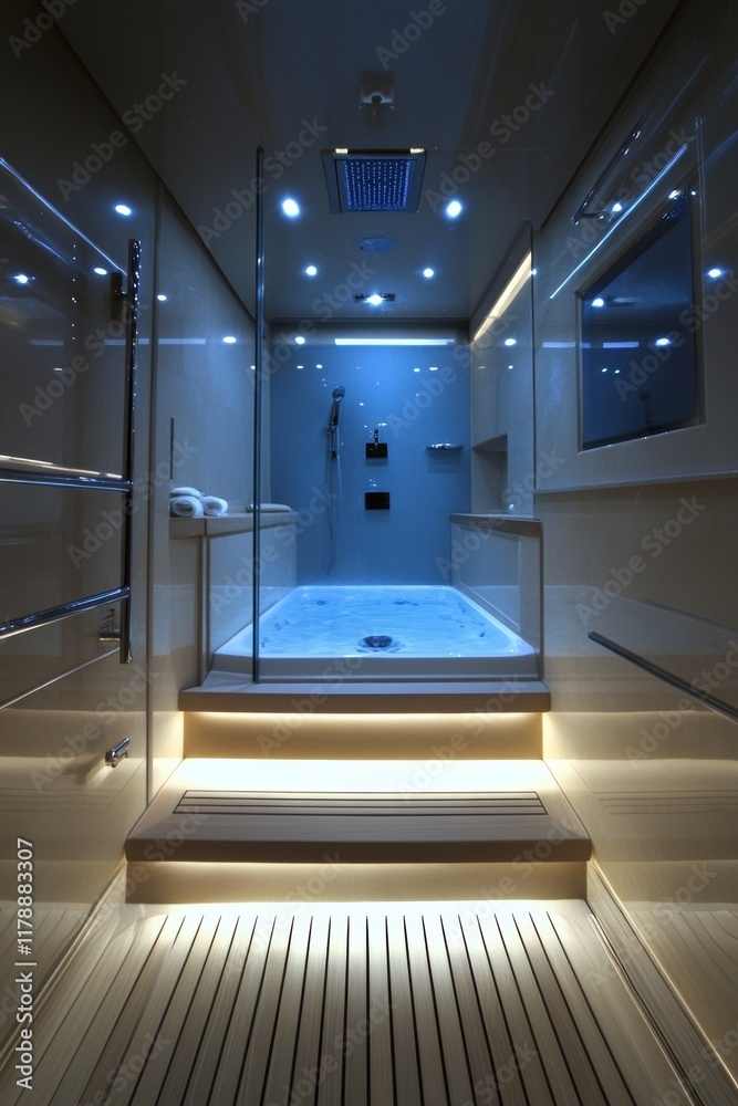 A bathroom with a shower and a tub. The tub is lit up and the shower is also lit up A bathroom with a shower and a tub. The tub is lit up and the shower is also lit up