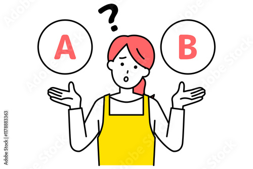AとBの選択肢を迷っているエプロン姿の女性