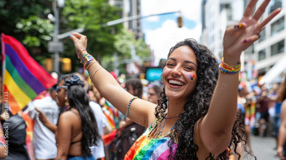 Fototapeta premium Multi-ethnic crowd participating in a city pride parade, with a woman waving a rainbow flag – celebrating diversity, inclusion, and LGBTQ+ pride.