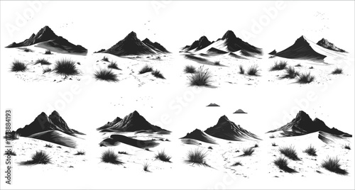 Abstract desert dunes silhouettes, Mountainous desert silhouettes vector design, Desert dune scene black silhouettes, Desert mountains and grass silhouettes vector art