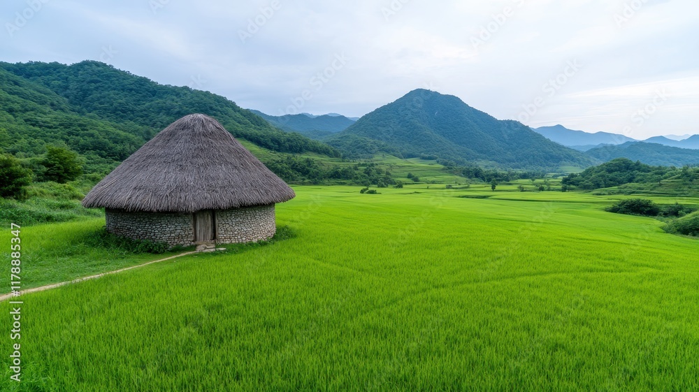 Charming Rustic Hut Nestled in Lush Green Field Surrounded by Vibrant Nature Exuding Tranquility and Peaceful Atmosphere Charming Rustic Hut Nestled in Lush Green Field Surrounded by Vibrant Nature Exuding Tranquility and Peaceful Atmosphere