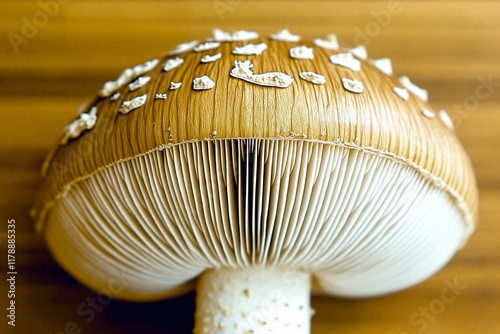 A detailed macro of a fresh mushroom cap with fine gills underneath. photo