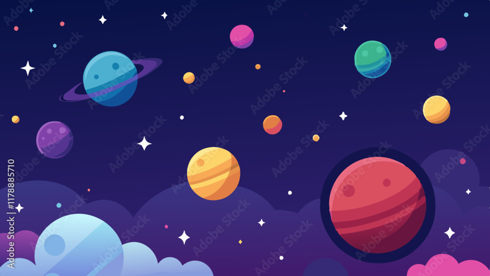 Colorful space scene with planets, stars, and nebula clouds in cosmic background.

