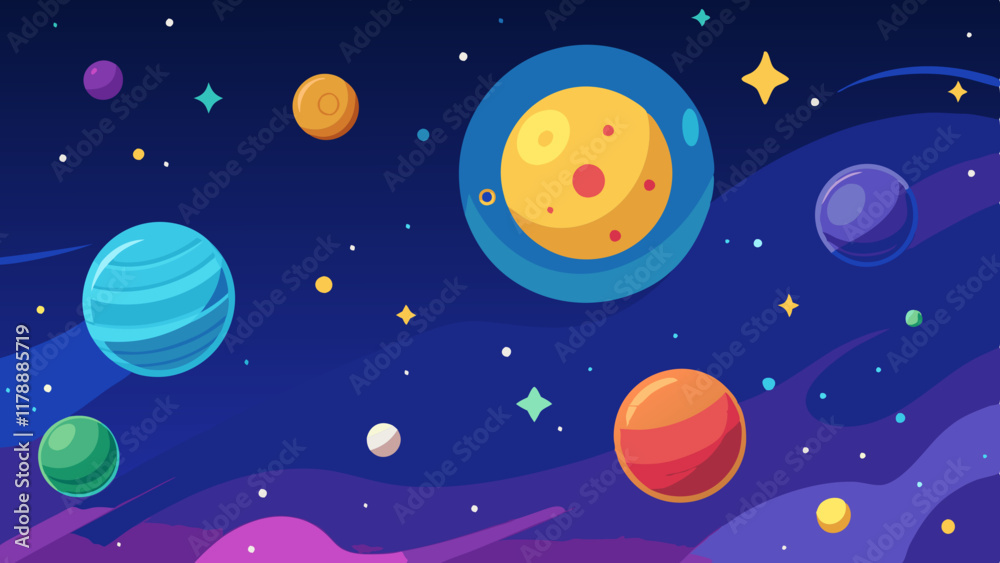 Galactic space illustration with vibrant planets and distant stars shining brightly.
