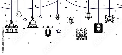 Arabic traditional Cute Ornament islamic eastern lanterns garland. Muslim ornamental hanging lanterns, stars and moon vector illustration. Islamic oriental garland