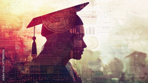Contemporary collage depicting finance and education – featuring coins, graduation elements, and digital concepts representing student loans, scholarships, and investment in knowledge.
