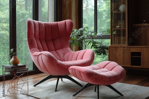 Modern luxury accent chair with footstool in pink velvet and black legs, ideal for home office or living room. photo