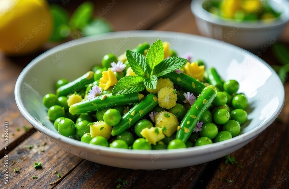 A green asparagus and pea salad with lemon vinaigrette garnished with fresh mint and edible flowers