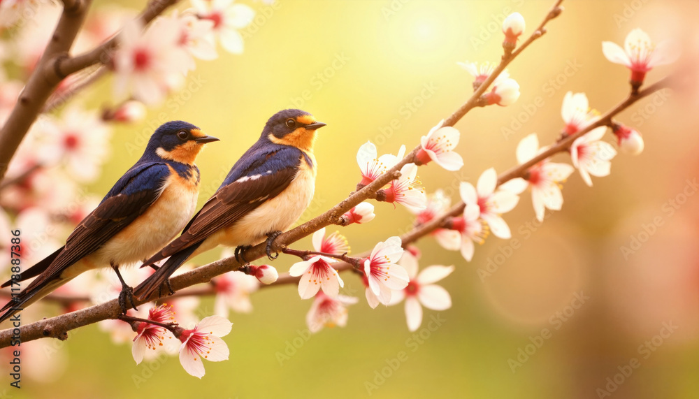 Two swallows perched on a blossoming tree branch in spring Two swallows perched on a blossoming tree branch in spring