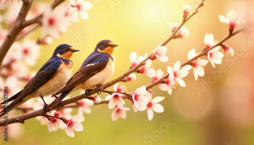 Two swallows perched on a blossoming tree branch in spring