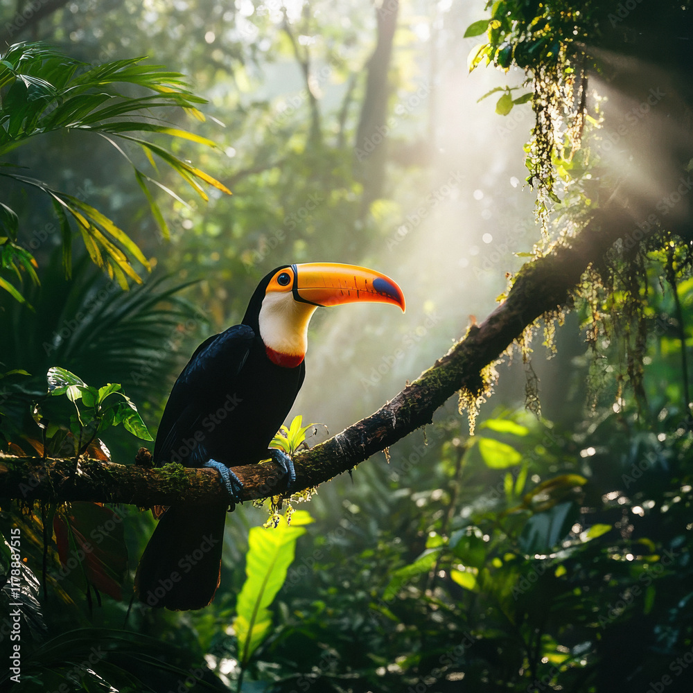 Colorful toucan sitting on tree branch at rain forest Colorful toucan sitting on tree branch at rain forest