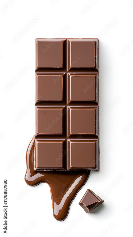 Obraz premium Pieces of melted chocolate bar with dripping drops isolated on white background
