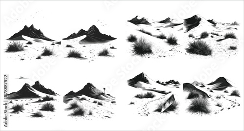 Abstract desert dunes silhouettes, Desert dunes vector silhouettes, Mountainous desert silhouettes vector design, Vector black silhouettes of desert dunes landscape