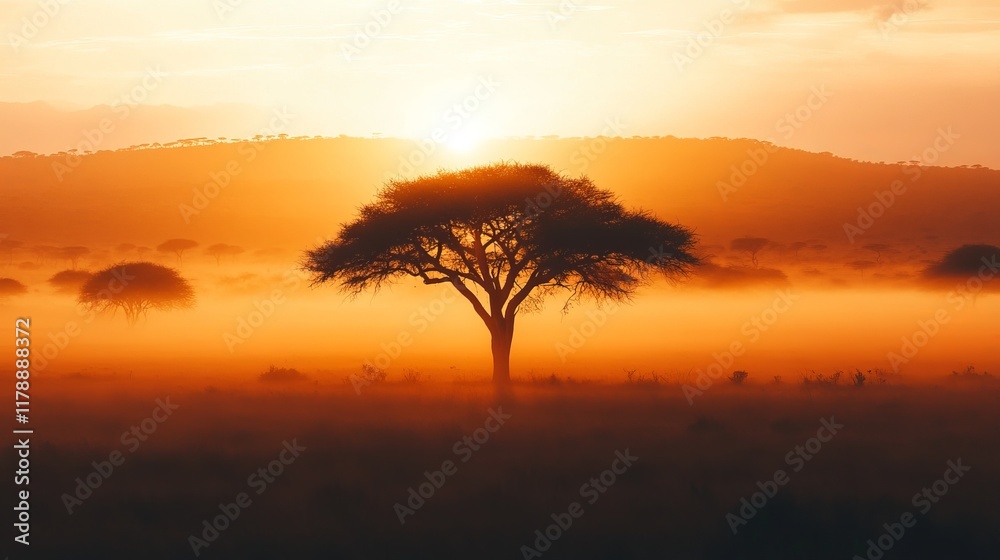 Witness the breathtaking beauty of a savanna sunrise featuring a solitary tree amidst a gentle mist. This serene landscape captures the warmth and tranquility of nature.
