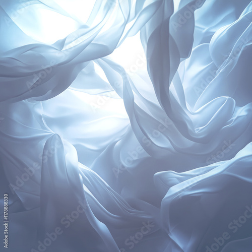 Illustration with white translucent waves of fabric that gently intersect to create a complex pattern. The soft light filtering through the textures adds airiness and soft depth