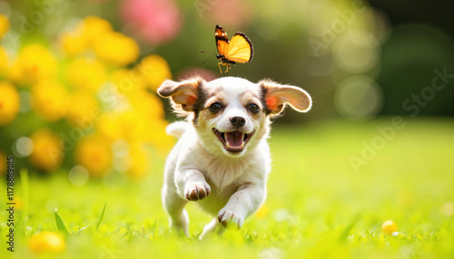 Happy Chihuahua running in garden with butterfly above head