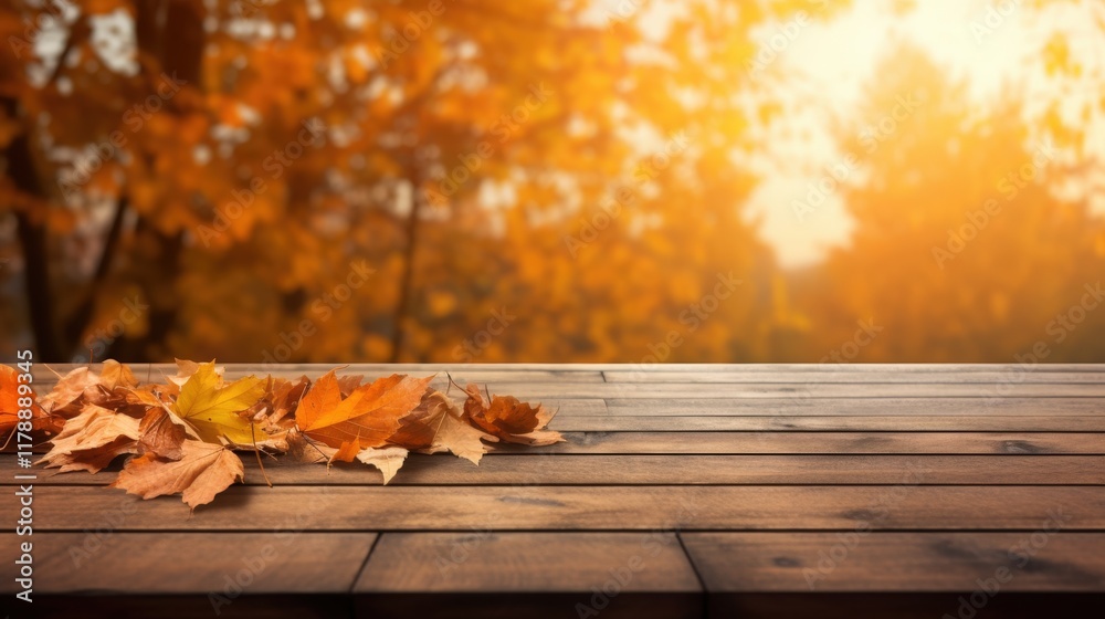 Obraz premium Autumn Table with Orange Leaves on Wooden Plank Against a Beautiful Sunlit Background of Fall Foliage and Warm Colors
