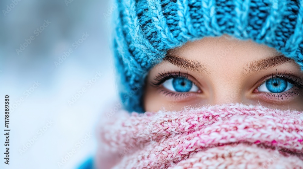 This captivating close-up portrays a young girl with striking blue eyes peeking from behind her scarf, reflecting innocence and the warmth of companionship during cold weather.