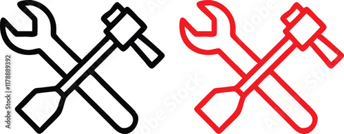 Simple line drawings, crossed tools, wrench and hammer icons, black and red silhouettes, maintenance symbols, repair signs, minimalist design, 2D graphics, industrial emblems, mechanic logos, construc