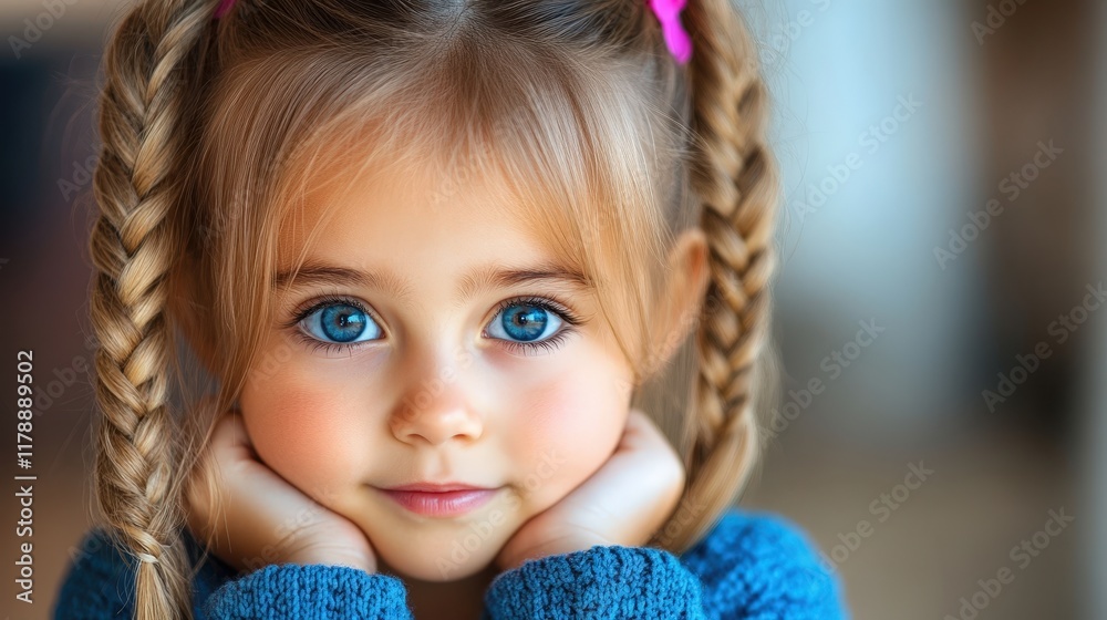 This charming image features a young girl with braided hair and a sweet expression, pristine focus highlighting her large, expressive eyes evoking a sense of warmth and curiosity. This charming image features a young girl with braided hair and a sweet expression, pristine focus highlighting her large, expressive eyes evoking a sense of warmth and curiosity.