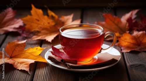 Cozy Autumn Scene: Warm Tea on a Wooden Table Surrounded by Vibrant Fall Leaves and a Decorative Tree in the Background