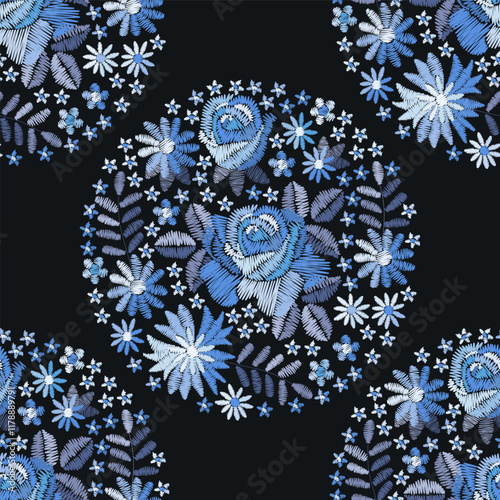 Beautiful seamless pattern with embroidered flowers in round shapes compositions