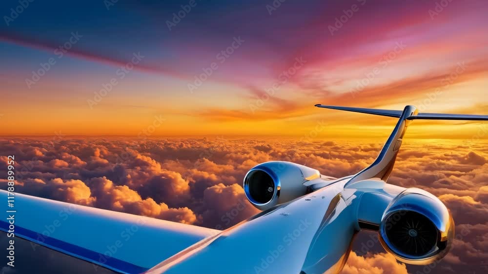 A sleek, modern private jet flying above a dense layer of fluffy clouds during sunset