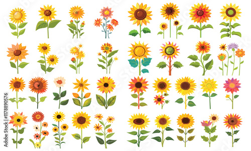 set of different sun flower Flat style vector illustration isolated on a white background